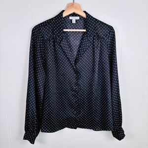 Topshop Black and White Polka Dot Long Sleeve‎ Button Up Blouse Size US 8